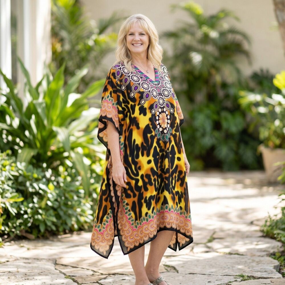 Good Times Caftan Dress One Size Colorful Polyester Kimono Sleeve Cruise Lounge - Picture 3 of 7